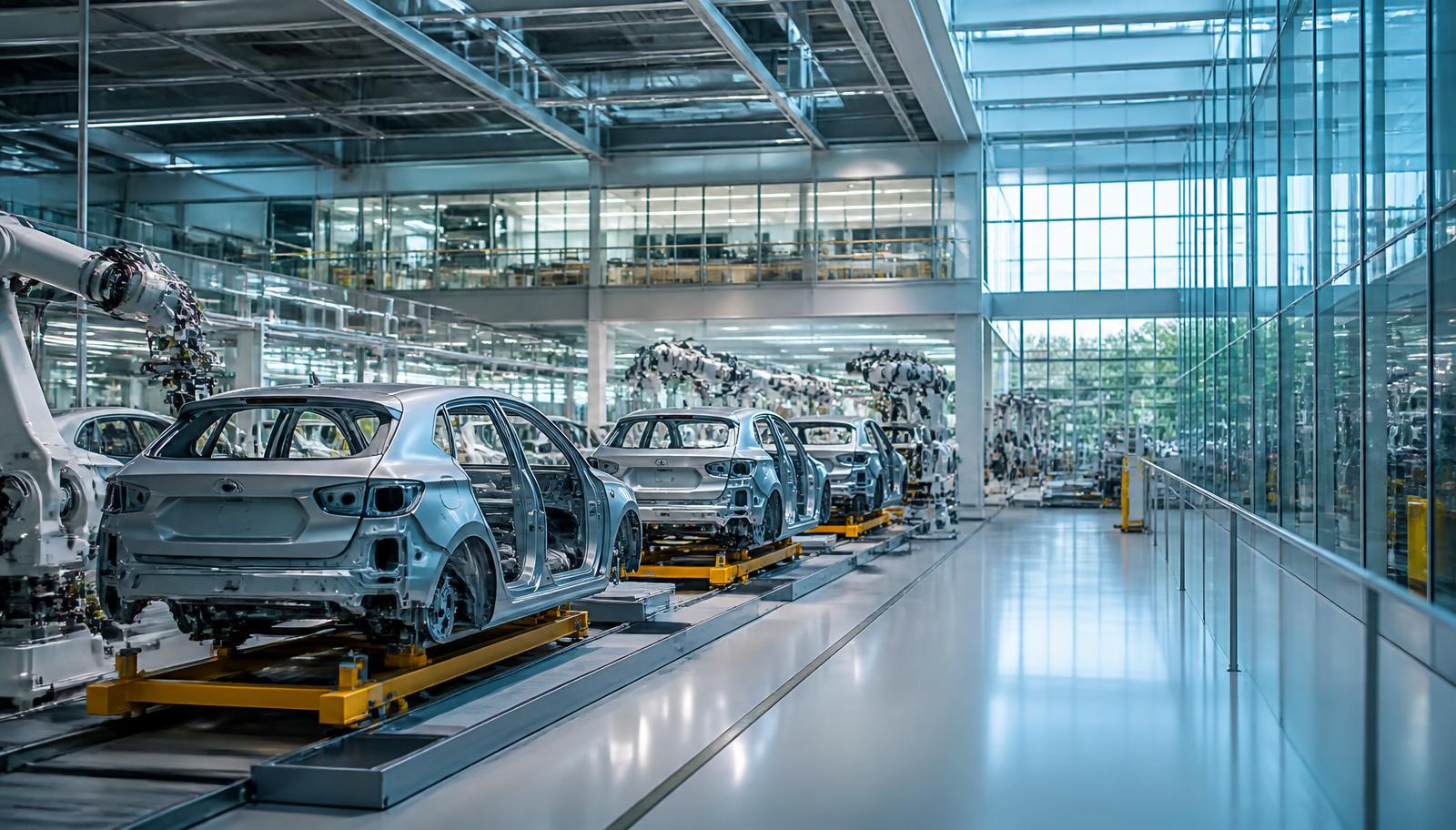 Electric vehicle assembly line inside a modern manufacturing facility